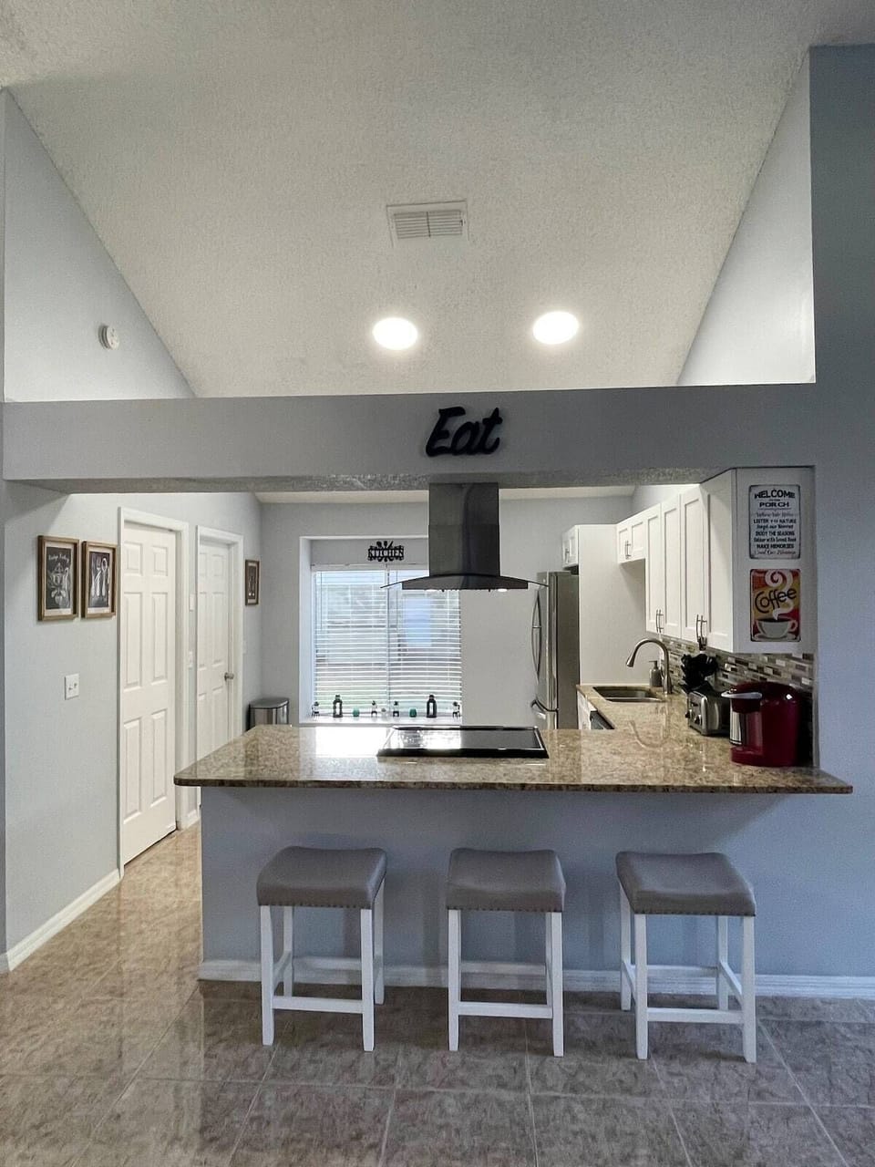 Counter top view; informal gathering. 