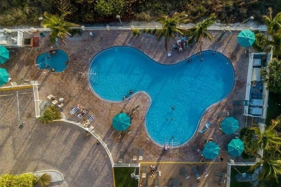 Aerial view of pool and spa