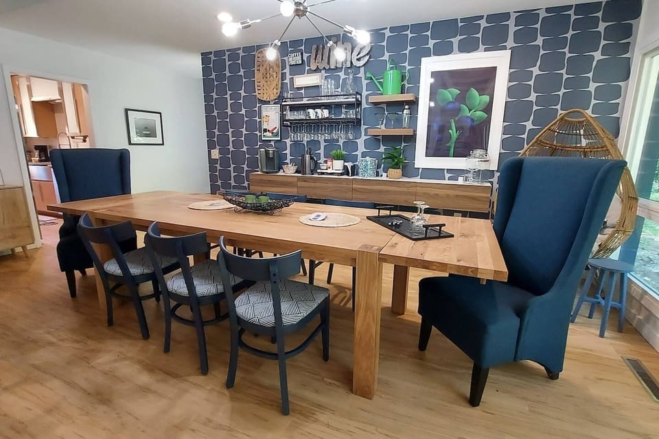 Dining table offers seating for up to 12 with additional bench.