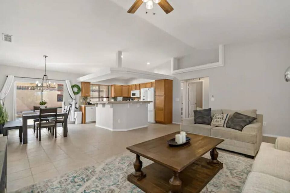 Open concept living area - ROKU TV - open to kitchen and dining area. Cozy comfortable couch and layout