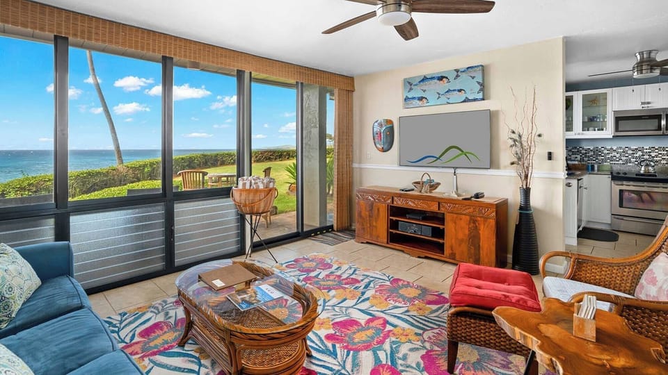 Poipu Makai #D1 - Oceanfront Living Room - Parrish Kauai