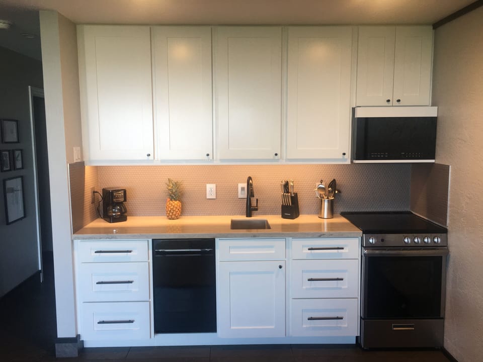 Alley style modern kitchen with oven, stove, microwave and dishwasher.