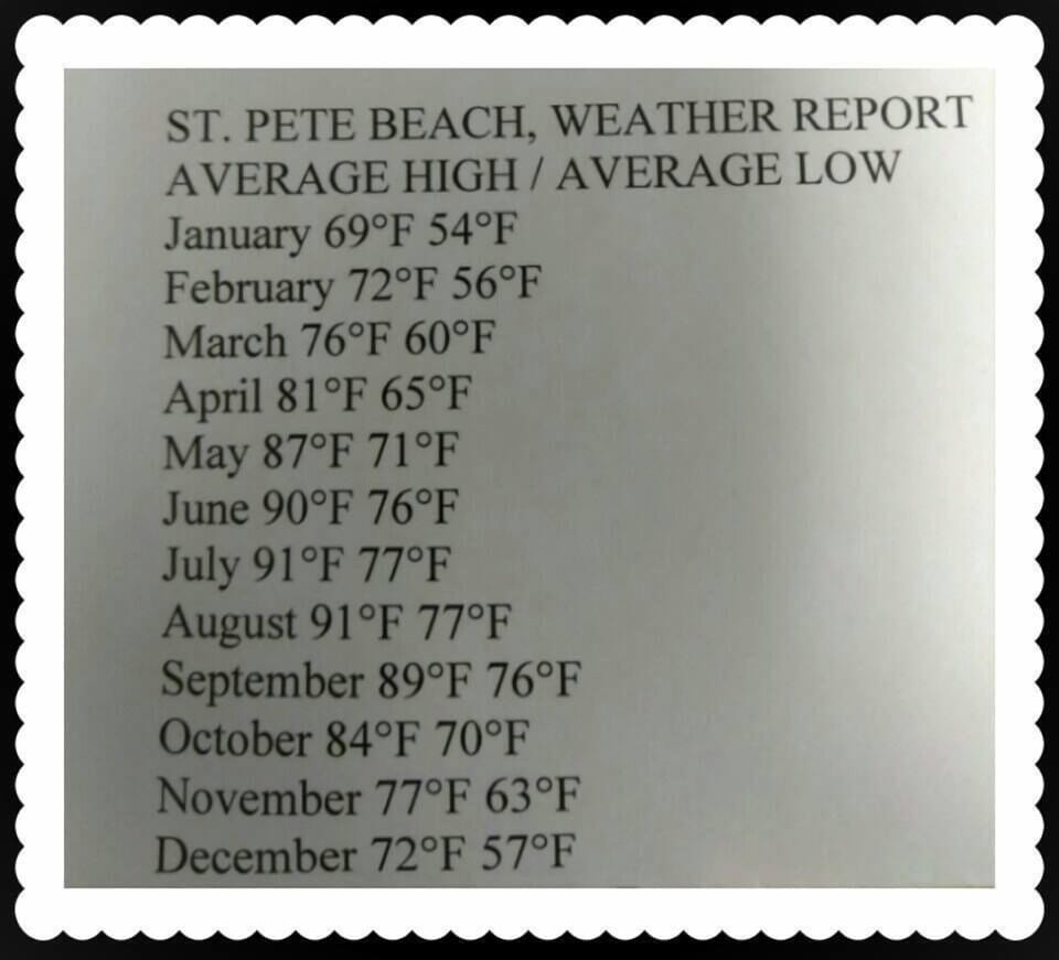 Yearly Average Weather, highs and lows on St. Pete Beach. Enjoy your Stay, You are always WELCOME