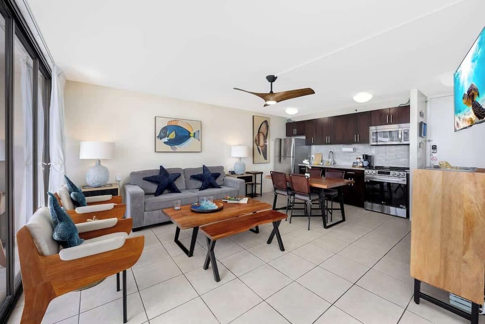 Make yourself at home! Everything you need is right here: a full kitchen, a sleeper sofa, and a cozy living area.