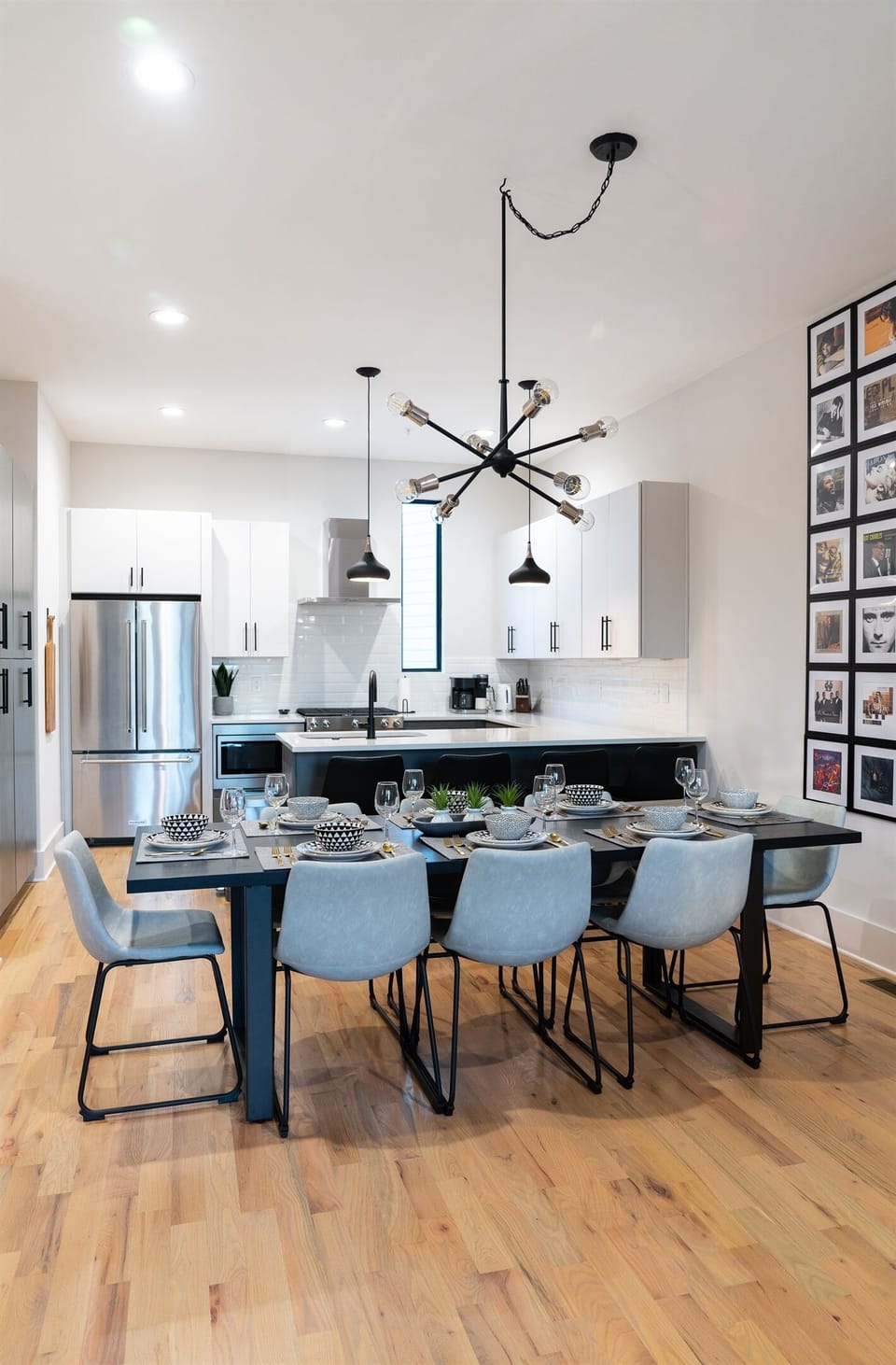 Dining table seats 8 and kitchen barstools seat an additional 4.