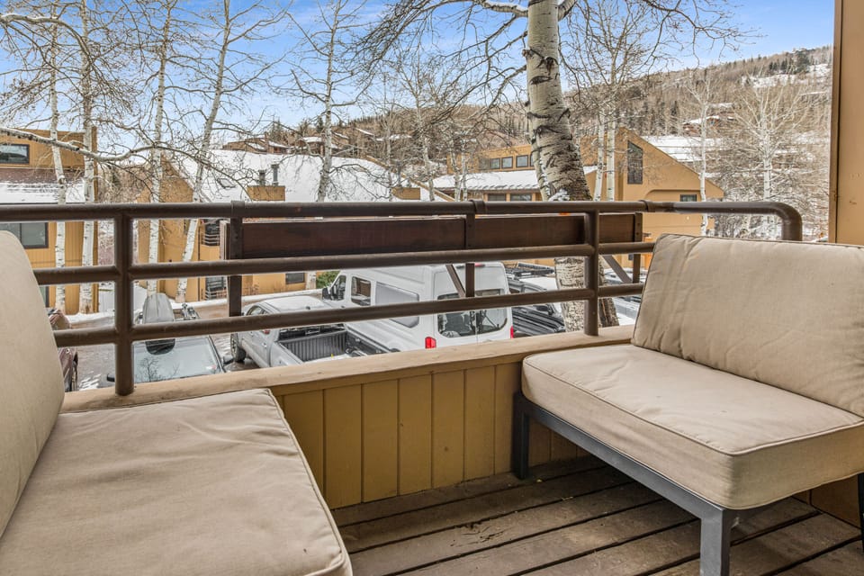 Outdoor patio with breathtaking views of Snowmass Ski Area and beyond. 