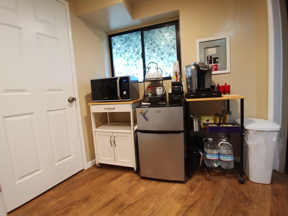 Microwave, small fridge, coffee maker