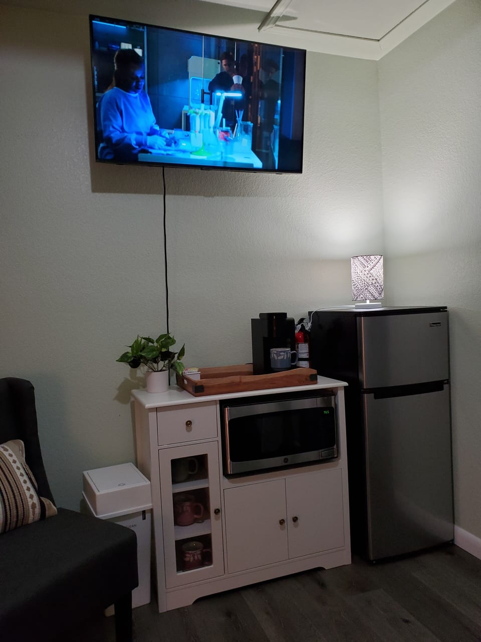 Mini fridge, coffee maker, microwave 