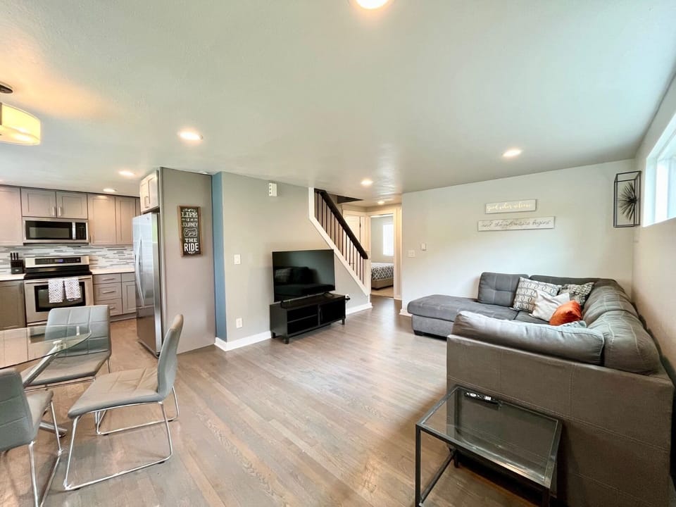 Entry door view into the living room and open space