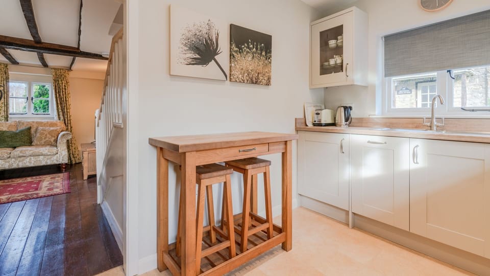 The kitchen and view to living room, Corner Cottage, Bretforton
