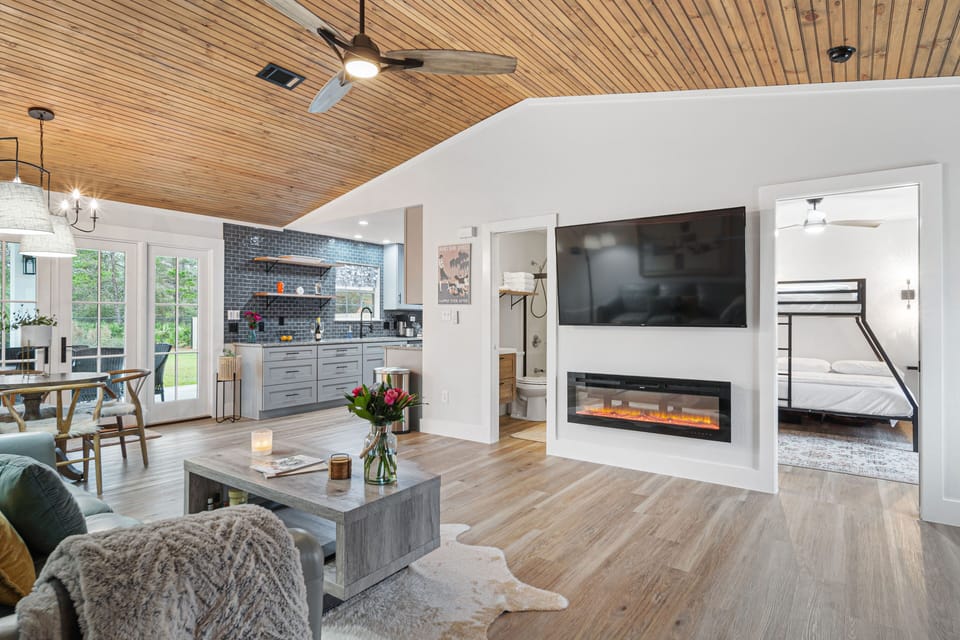 Enjoy the electric fireplace in the winter. 