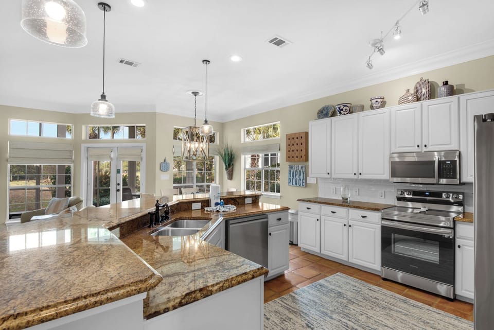 Bright and open kitchen to dining and living areas