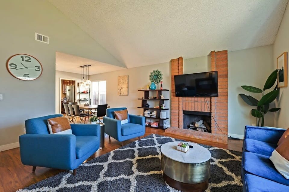 Comfortable couches in a bright, cheerful living room