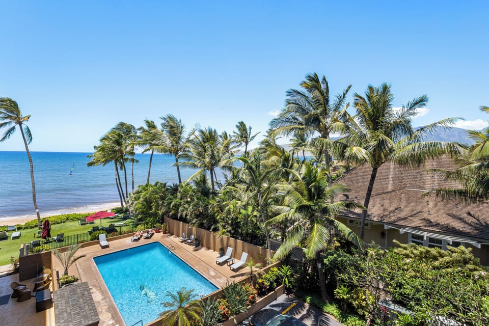 Stunning beachfront property featuring a sparkling pool nestled among swaying palms, where the ocean meets lush tropical gardens and inviting lounge chairs await under endless blue skies.
