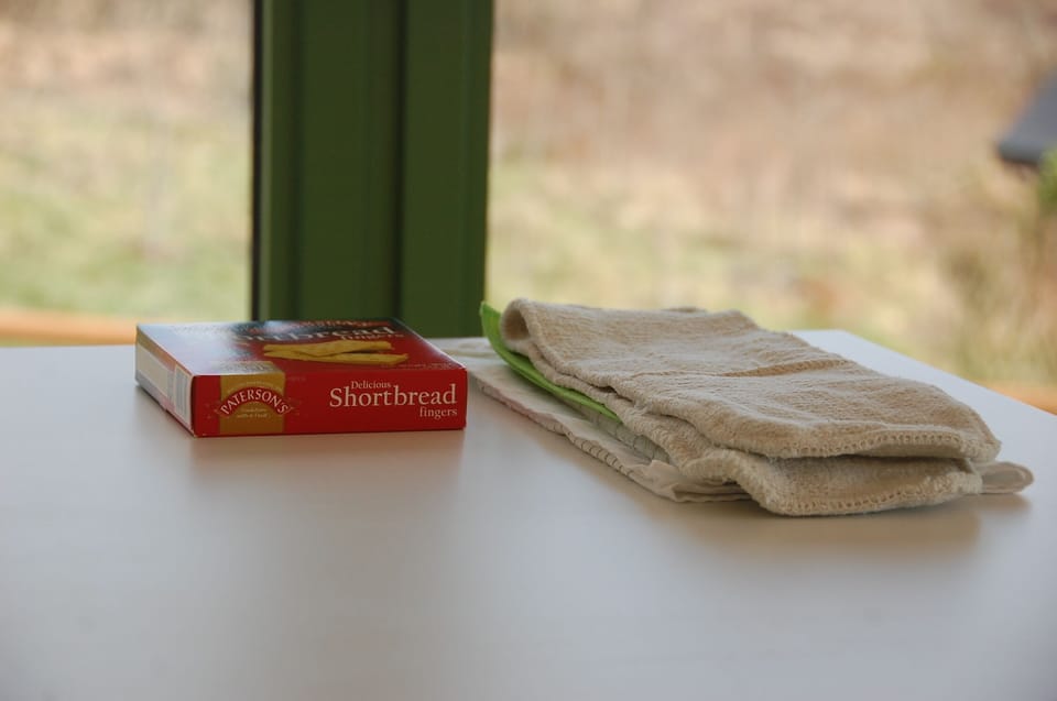 Welcome biscuits and cleaning cloths