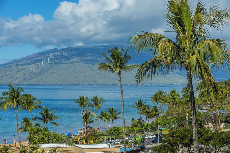 A tropical coastal setting with palm trees framing views of azure waters and distant mountains, located near beach access and local amenities.