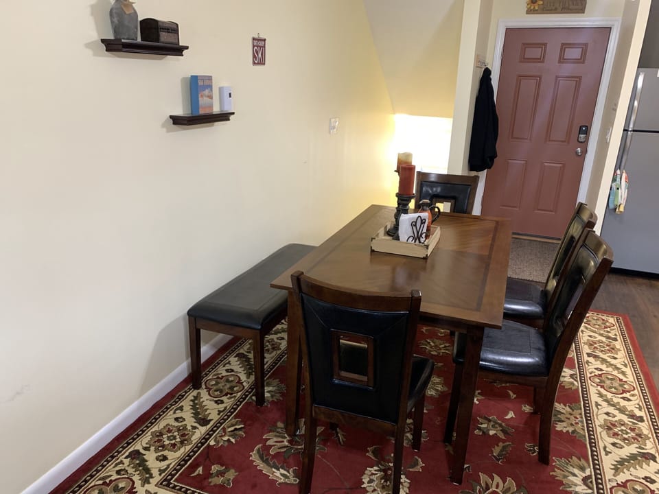 Dining table, comfortably fits 6 adults.  Can fit 7 or 8 if some are young kids.