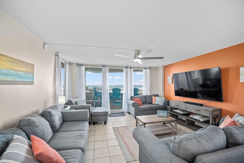 Living Room with big screen TV and beach views! 