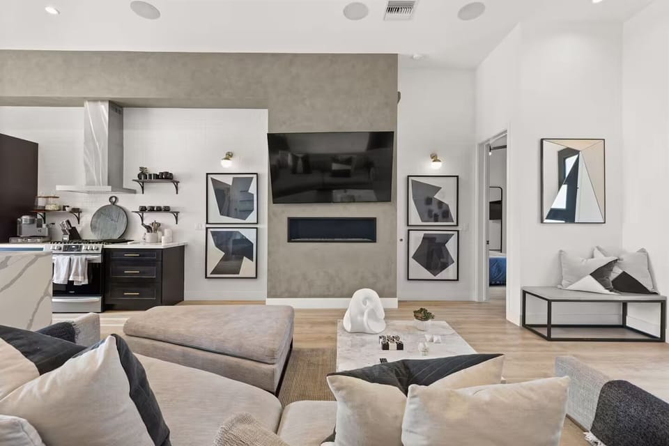 Cozy up by the linear fireplace