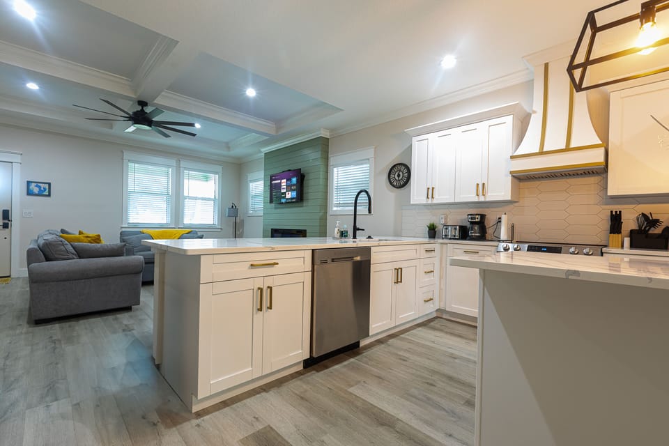 Our open concept large kitchen keeps groups socializing and provides plenty of eating areas. 