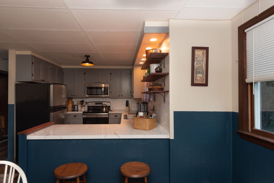 Kitchen view, island and seating for 2 