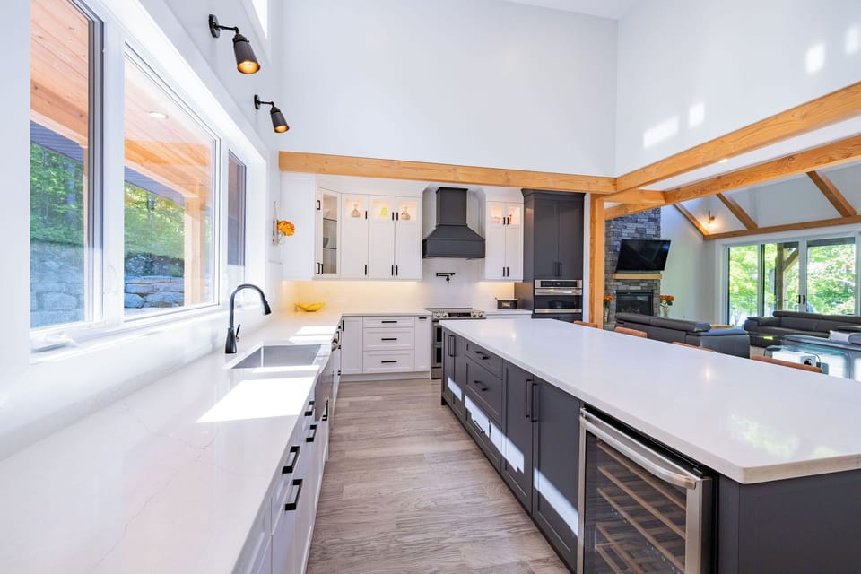 Kitchen with 10 foot quartz island and 16 feet high ceilings 