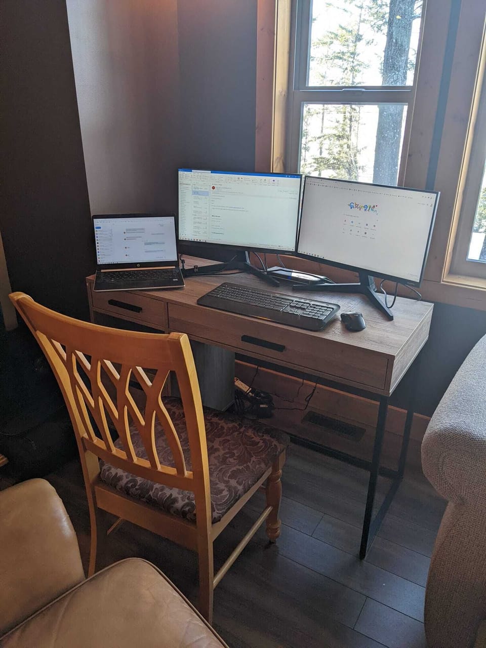 Dual monitor setup at the workstation. Laptop, keyboard and mouse not included.