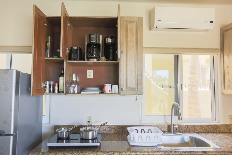Kitchen: full fridge, microwave, induction tops, coffee machine, dish drain, etc