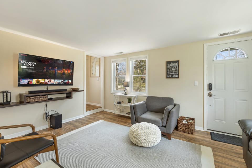 Our cozy living room has a Smart TV with Apple TV