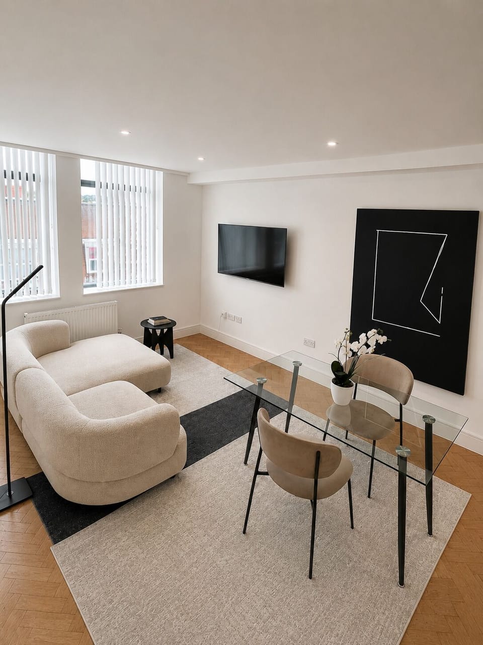 A beautifully designed and comfortable living area featuring a plush sofa and Netflix access — the perfect space to relax, unwind, and enjoy your favourite shows.