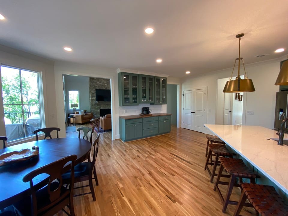 Kitchen with view into lodge room. 