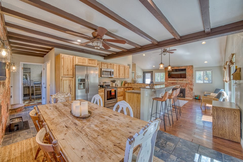 Enjoy a lovely meal at our antique dinner table with seating for six. With a fully stocked kitchen and open layout everyone can help or just enjoy the wonderful smells as the meal is prepared.