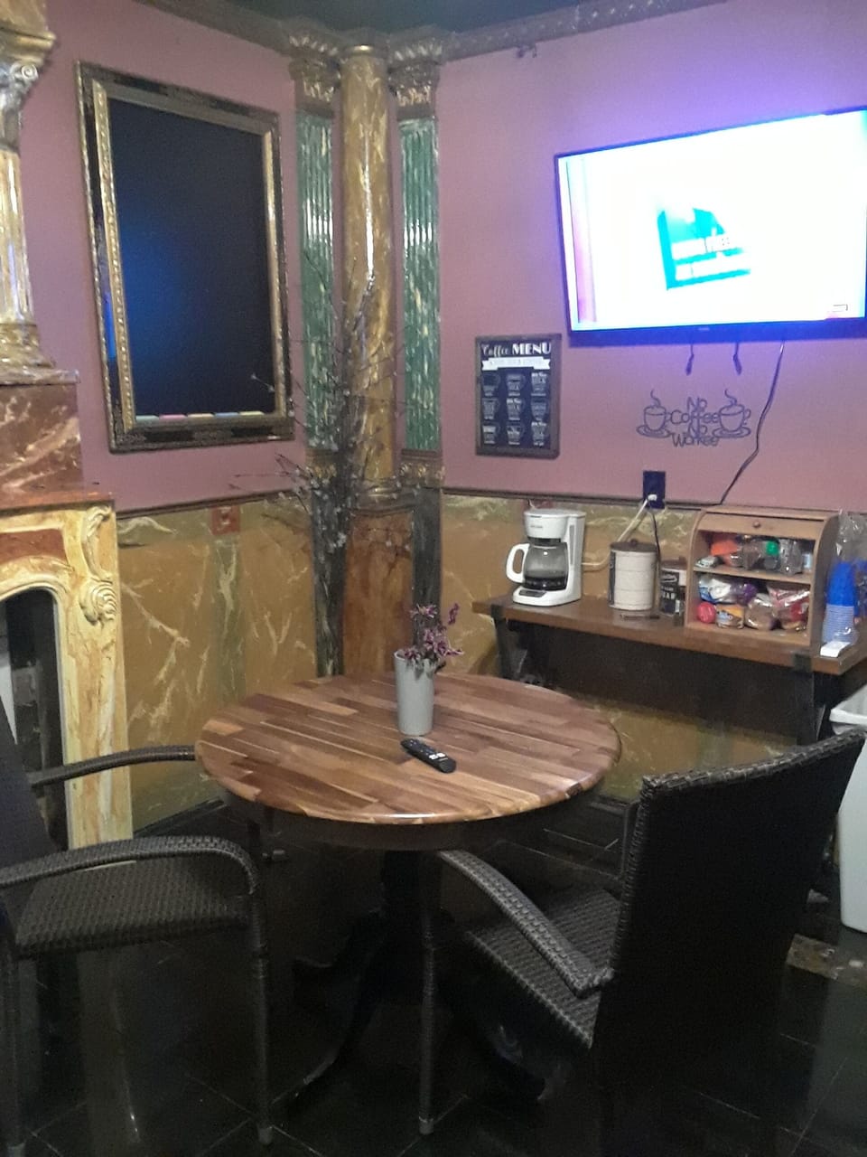 Cafe. off the kitchen. coffee and creamer and tea provided free of charge. 