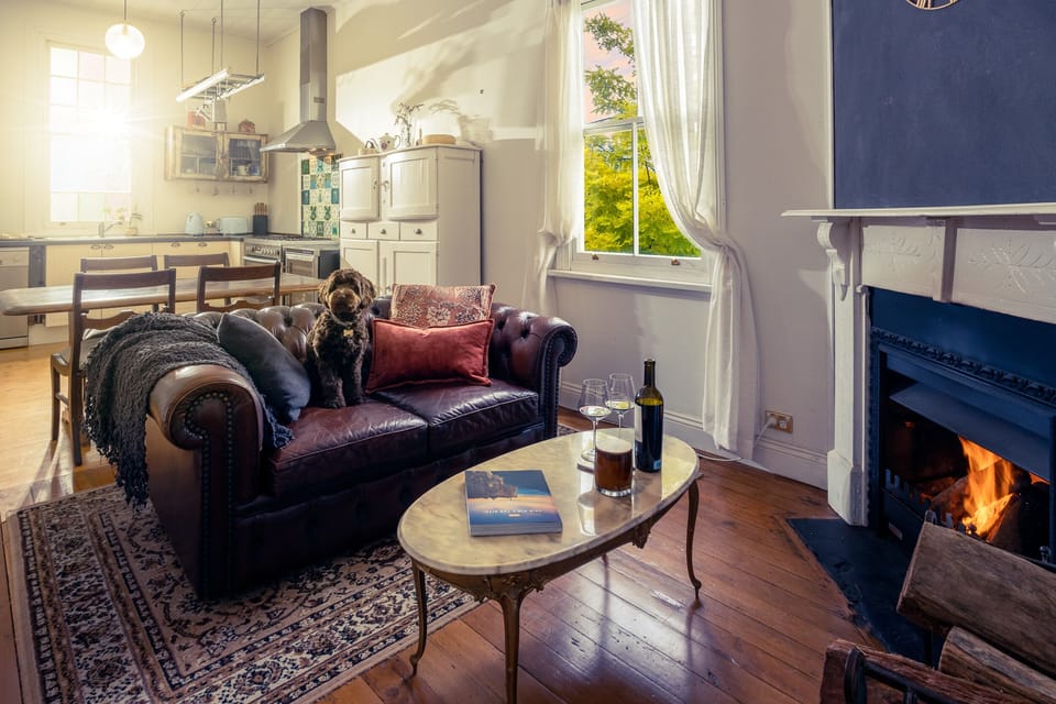 Main living area with open fireplace