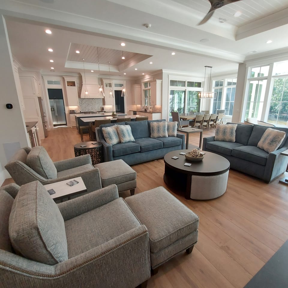 The great room is open to the kitchen and dining area