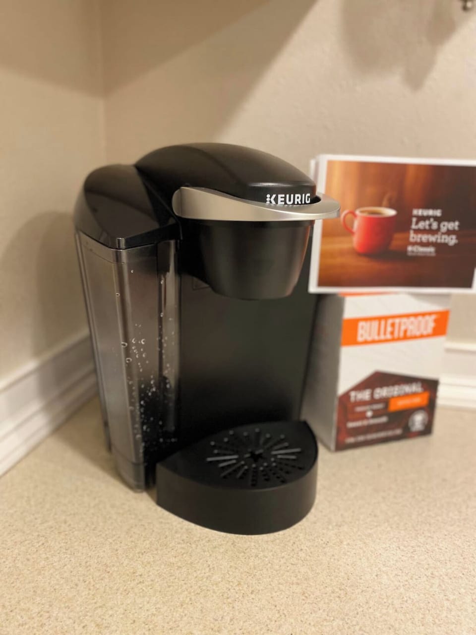 Keurig with coffee pods provided 