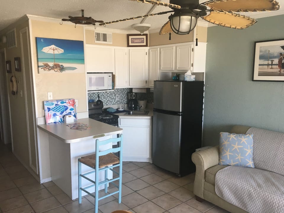 Fully stocked kitchen. Full size refrigerator, microwave, toaster