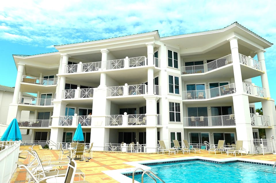 The beachfront building where the condo is located