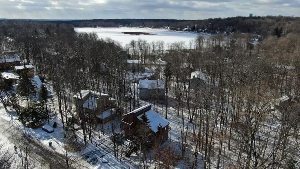 Aerial view of the Stone House and Lake Dresser.