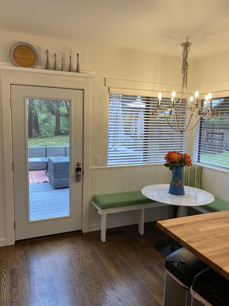 Kitchen with door to back patio deck.