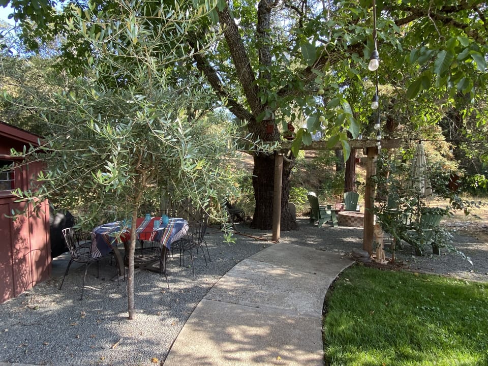 Back yard area.  Garage on left.  Fire pit in background.