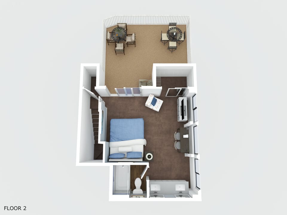 An overhead 3D view of the second floor.