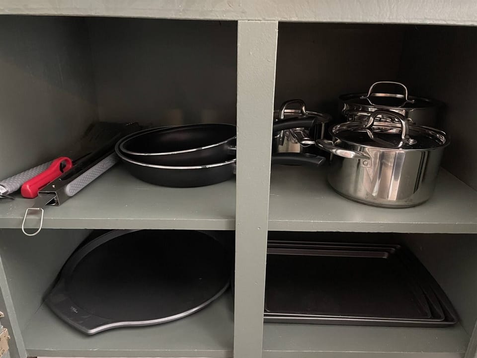 We are fully stocked with cookware and frying pans, casserole dishes, mugs, plates, bowls, salad bowls, etc. We are equipped for guests who stay for months at a time