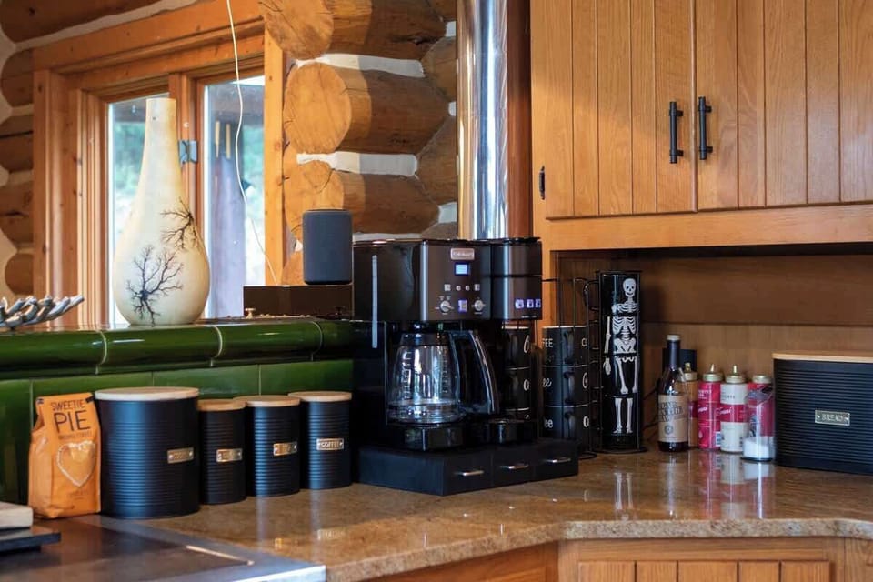 Kitchen is stocked with coffee pods, coffee grounds, splenda/sugar, coffee syrups and green tea bags.  Not pictured is the recently added hot chocolate bar--10 different flavors of hot cocoa and mini marshmallows.