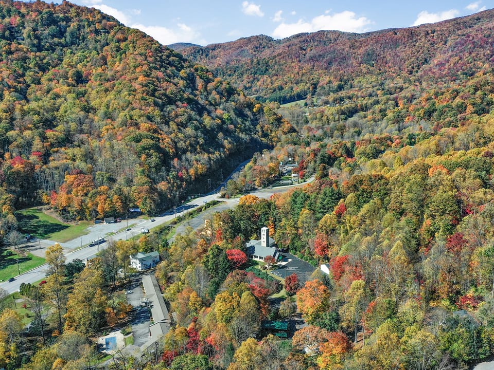 Aerial view of Soco Road driving towards Blue Ridge Parkway.