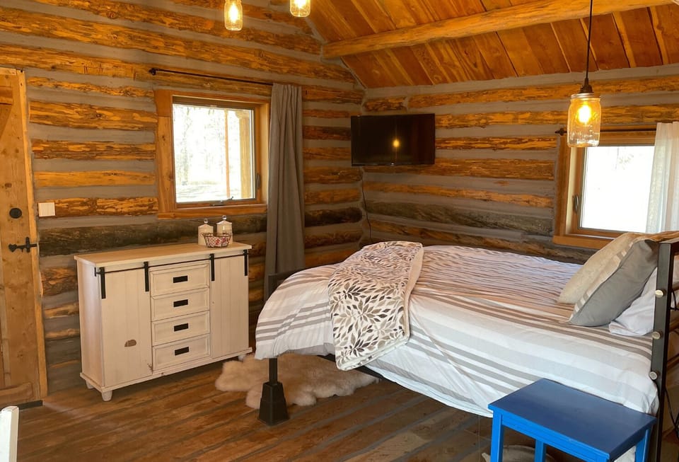 Cabin #1 
Sleeps 4: 1 Queen +2 twin bunks
Full bath / dining table / coffee+ tea