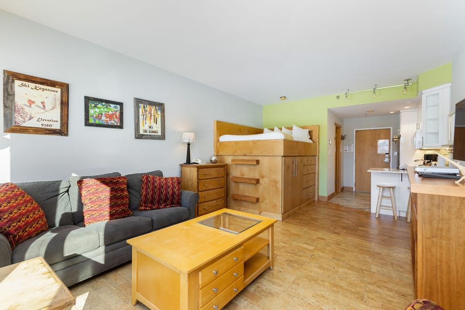 A studio apartment with a grey sofa, colorful cushions, a wooden coffee table, a loft bed with storage underneath, a kitchen area with a breakfast bar, and artworks on the walls.