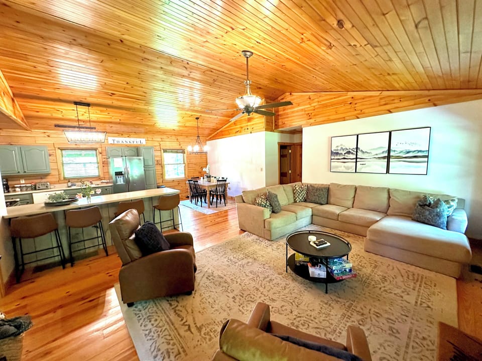 kitchen, living room, and dining room