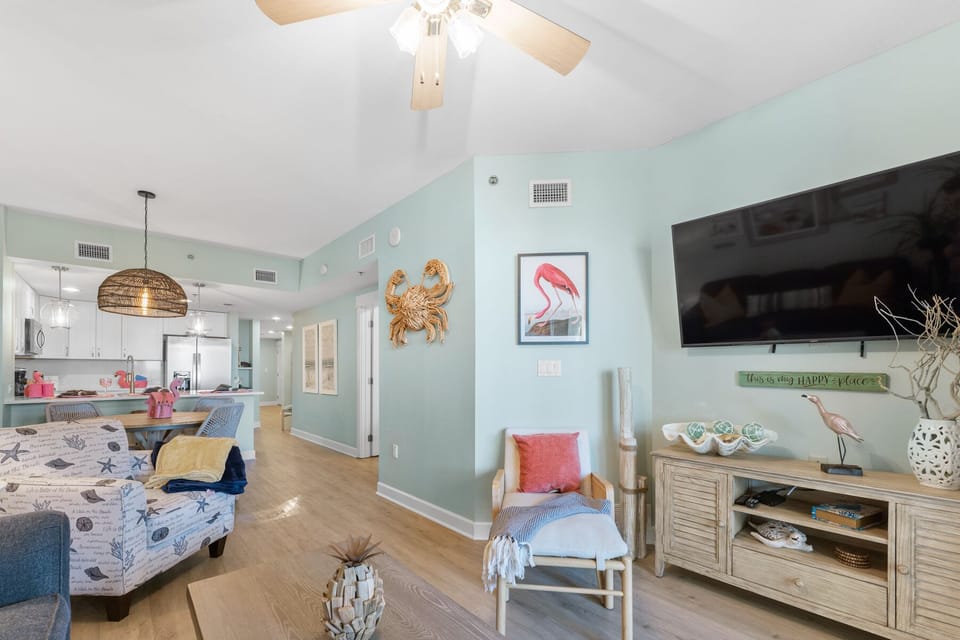 Your bright coastal living space features ocean-inspired decor and comfortable seating where you can relax while staying connected.