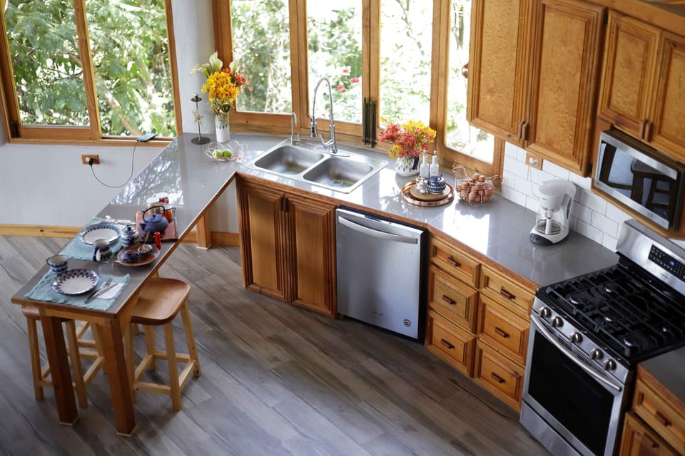 View from terrace level of kitchen and breakfast bar